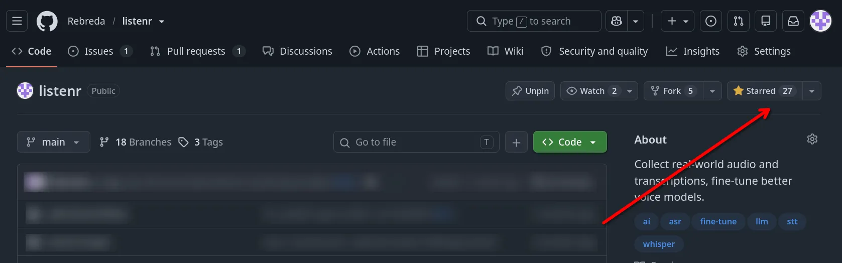 Screenshot of the github stars on the listenr repo.