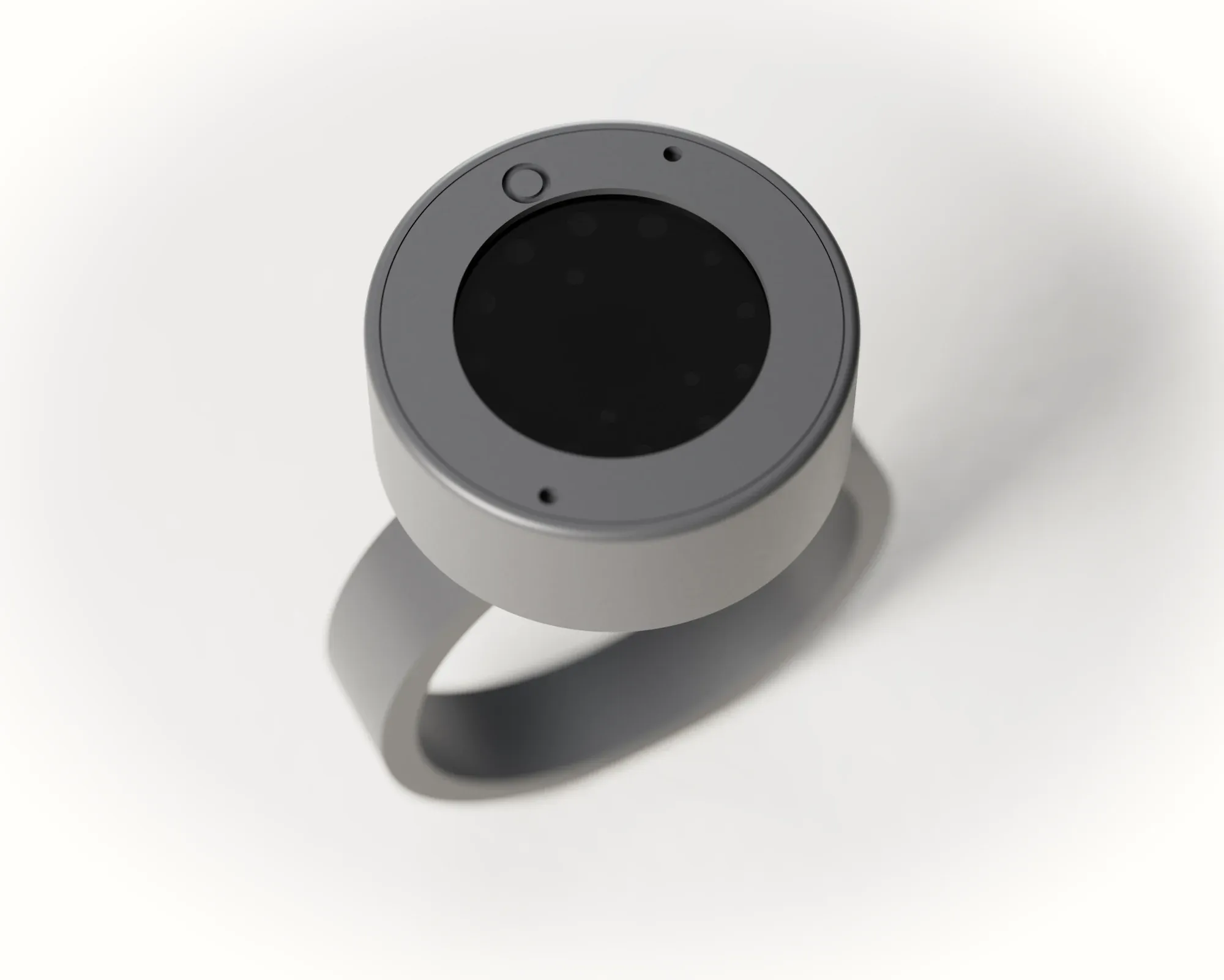 Render of the round ring watch in grey resin, its smoked window showing the time as lit red and yellow dots