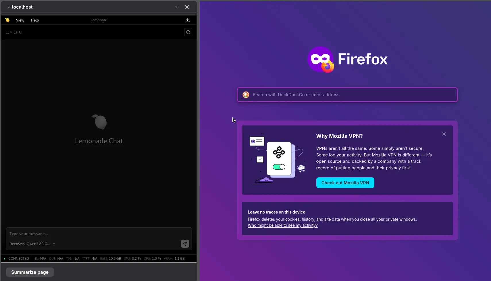 Firefox's AI chatbot sidebar answering a prompt served by a local Lemonade model.