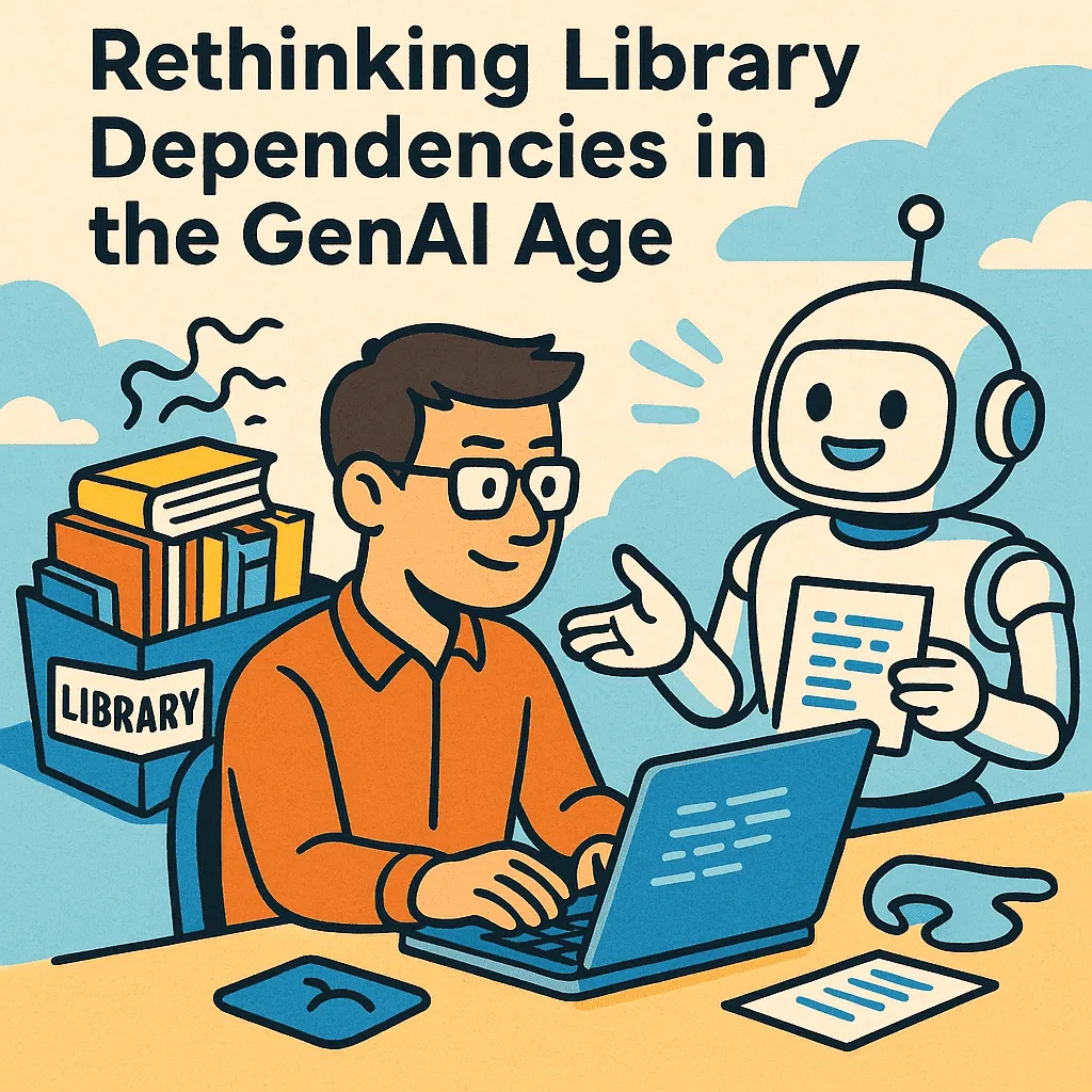 An illustration of a developer working alongside robotic arms in a library of code, representing the choice between a third-party library and AI-generated code.