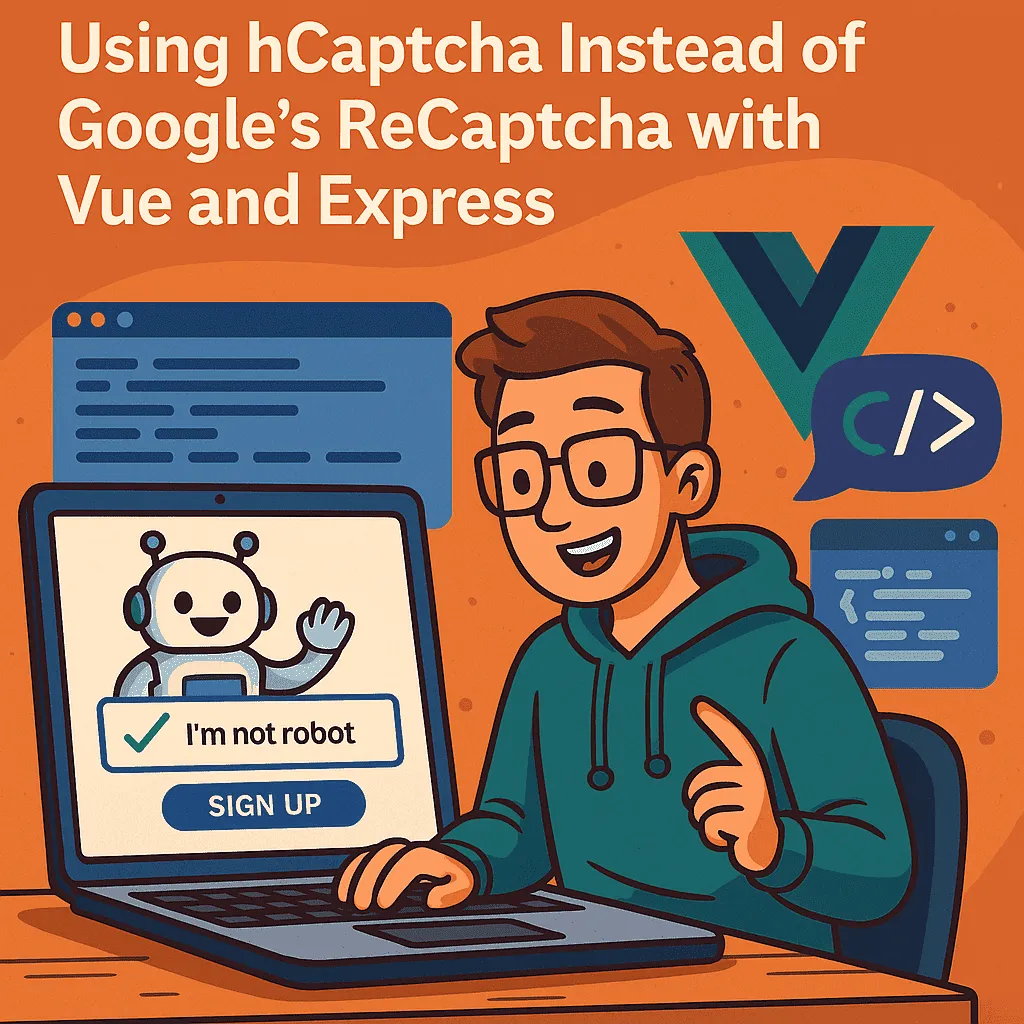 A colorful cartoon-style digital illustration depicting a light-skinned developer working on a laptop surrounded by code snippets, emphasizing the theme of integrating hCaptcha into web applications.