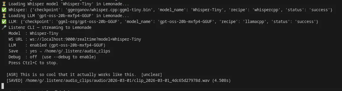 Listenr CLI streaming real-time ASR transcriptions using Whisper-Tiny ASR model alongside gpt-oss-20b-mxfp4-GGUF.