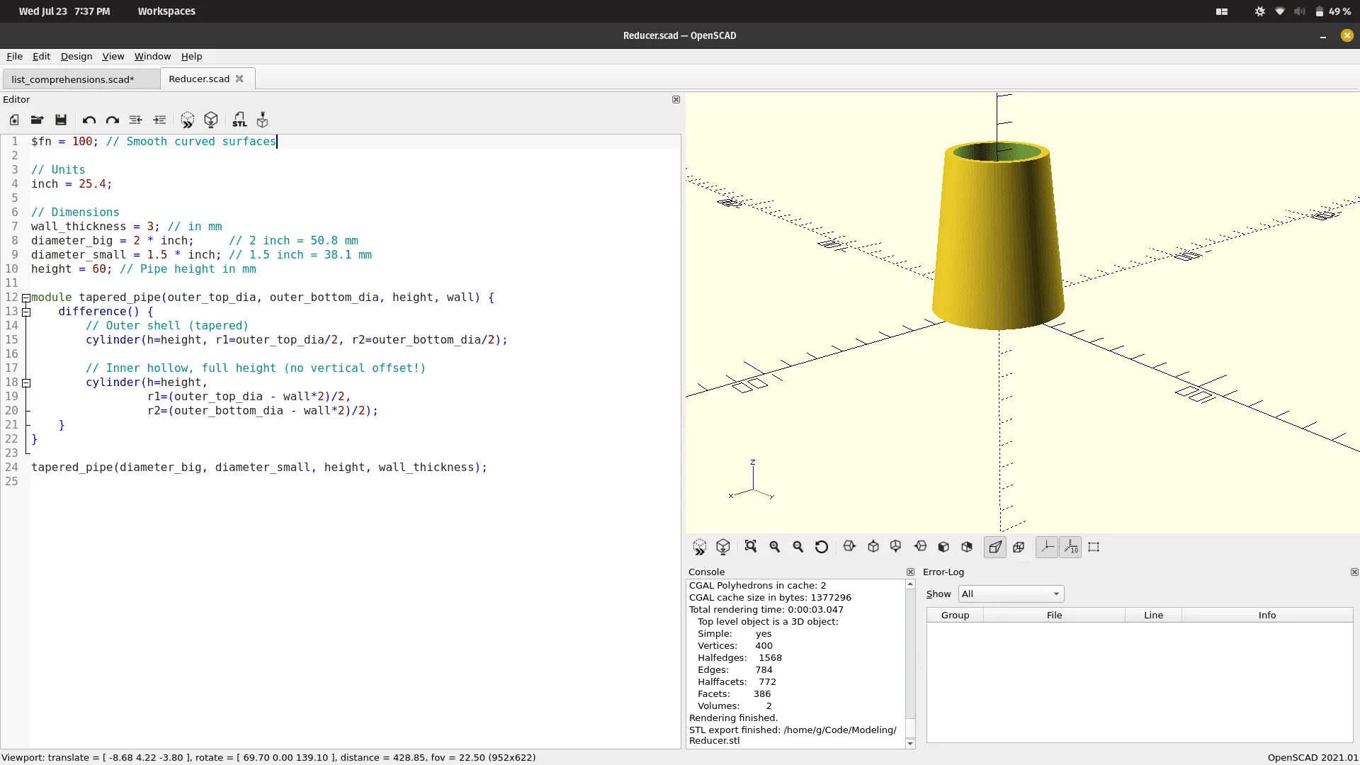 The OpenSCAD editor showing the script for a pipe reducer next to its rendered 3D preview.