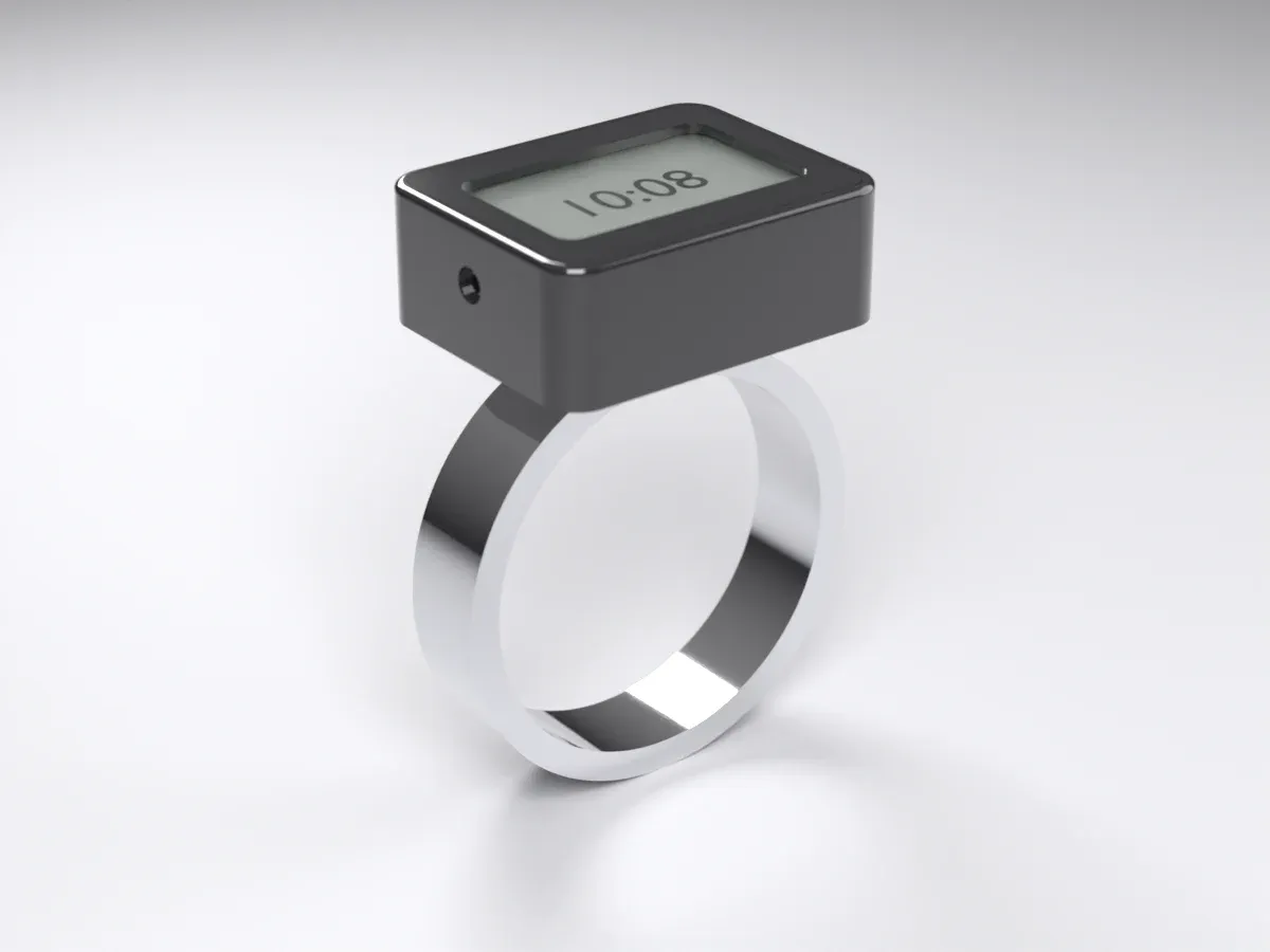 The early rectangular watch rendered in black ceramic on a steel ring
