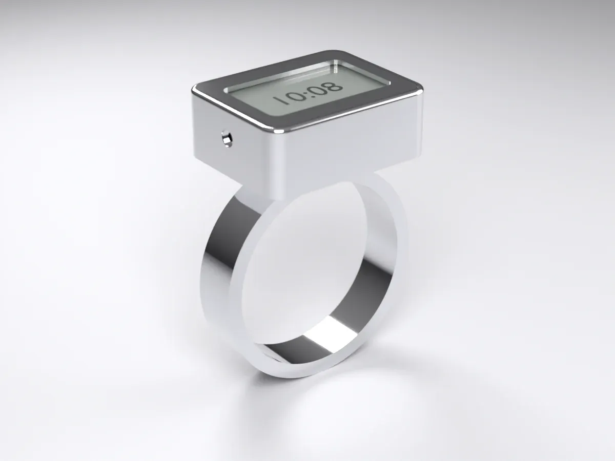 An early render, a rectangular steel case on a ring with an LCD reading 10:08