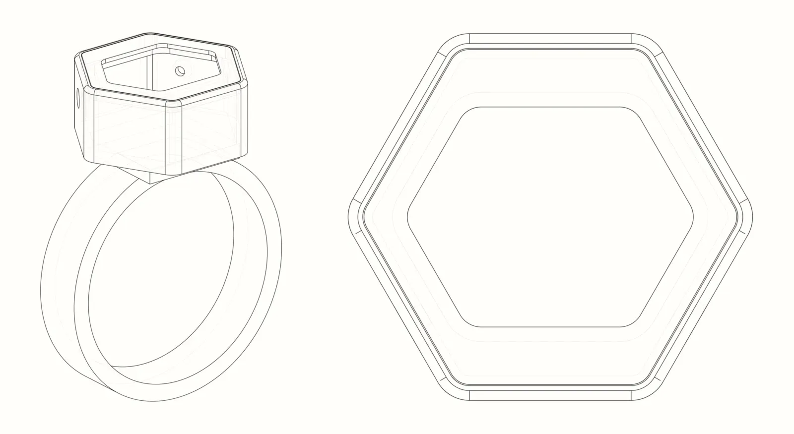 Line drawings of the hexagonal case, on its ring and from above