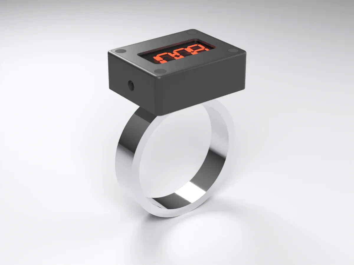 The rectangular watch in black resin with red LED digits glowing through the window