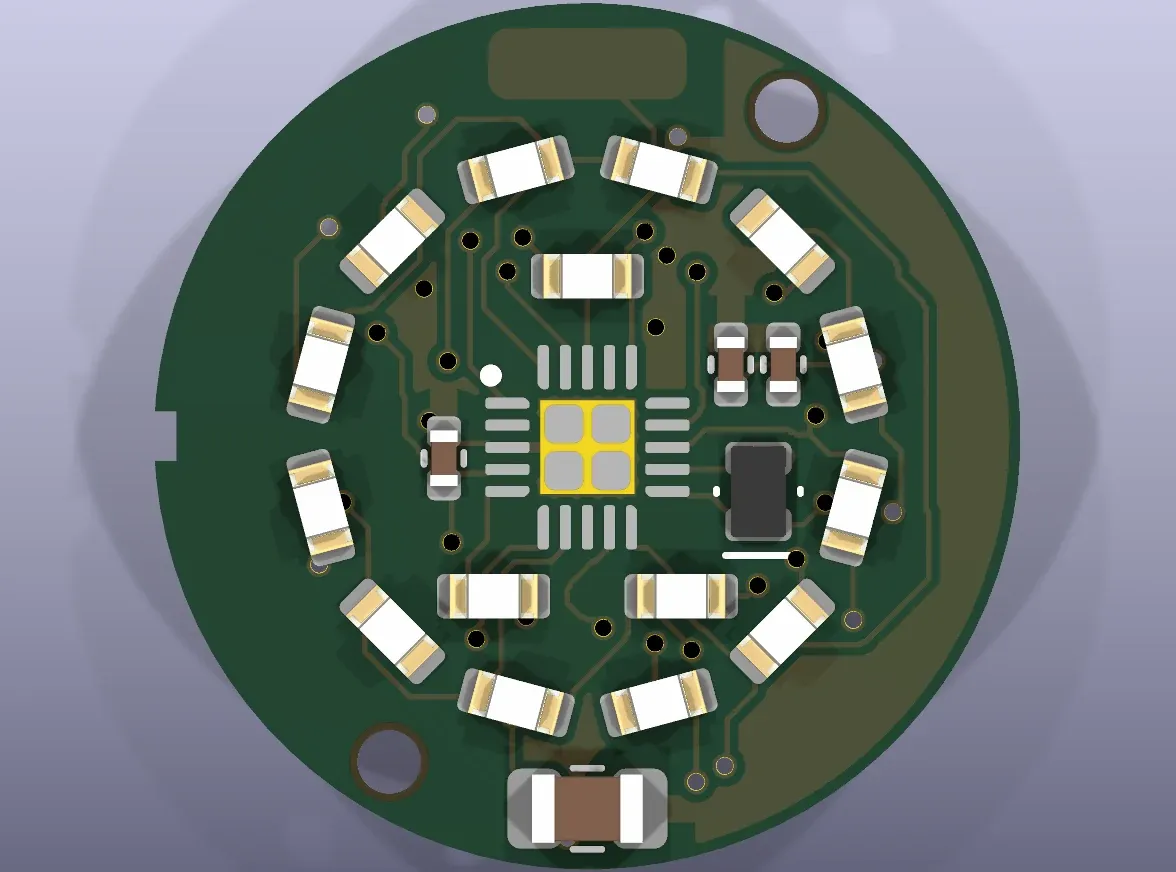 The round binary board from above, a ring of LEDs around the chip