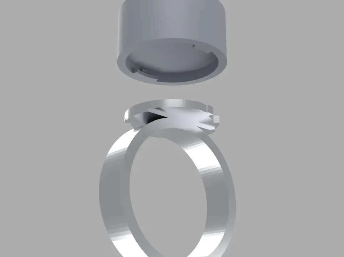 Exploded render of the case above the ring, its pad notched for the twist-lock lugs