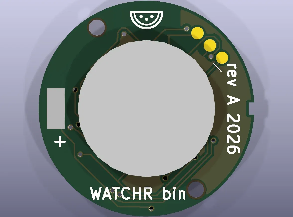 The back of the round binary board, with the coin cell contact