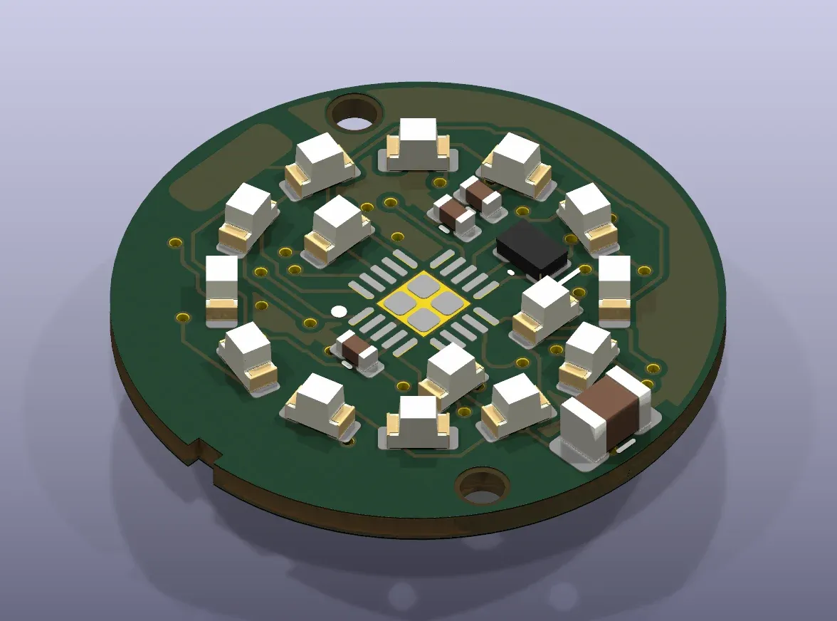 The round binary board in 3D, a ring of LEDs around the chip
