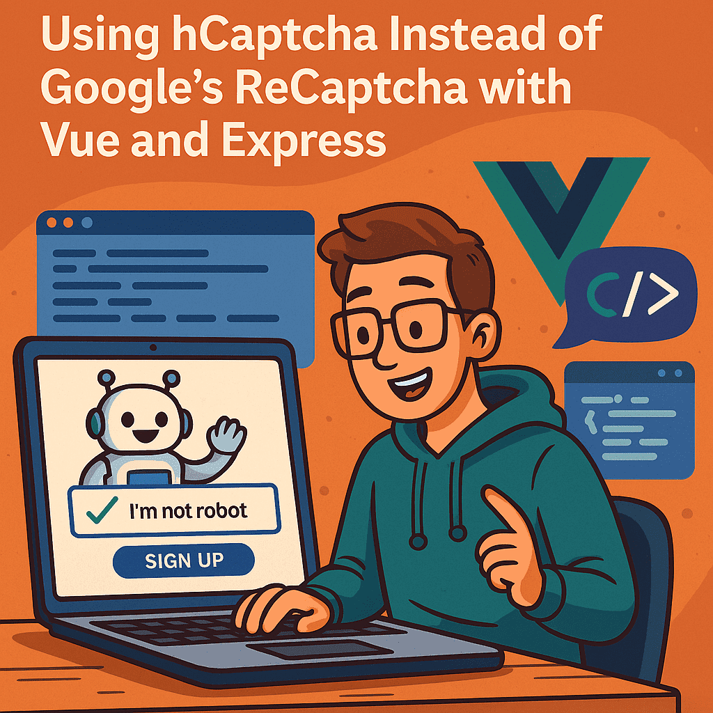 A colorful cartoon-style digital illustration depicting a light-skinned developer working on a laptop surrounded by code snippets, emphasizing the theme of integrating hCaptcha into web applications.
