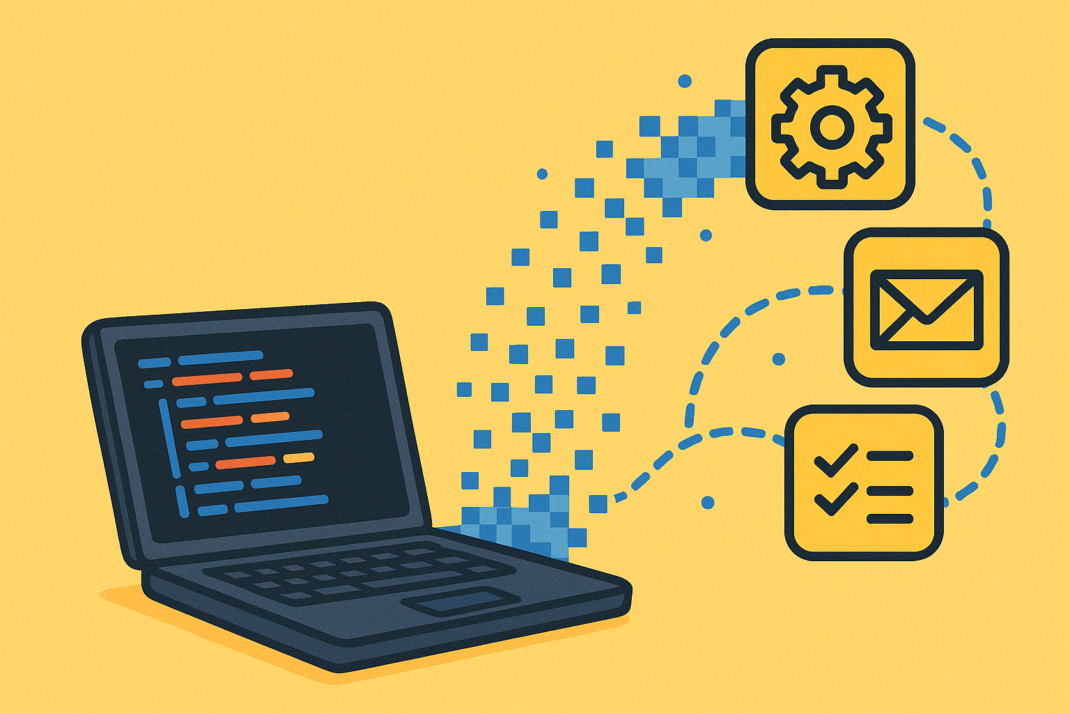A graphic depicting a human developer collaborating with robotic elements, surrounded by code, symbolizing AI-assisted automation.