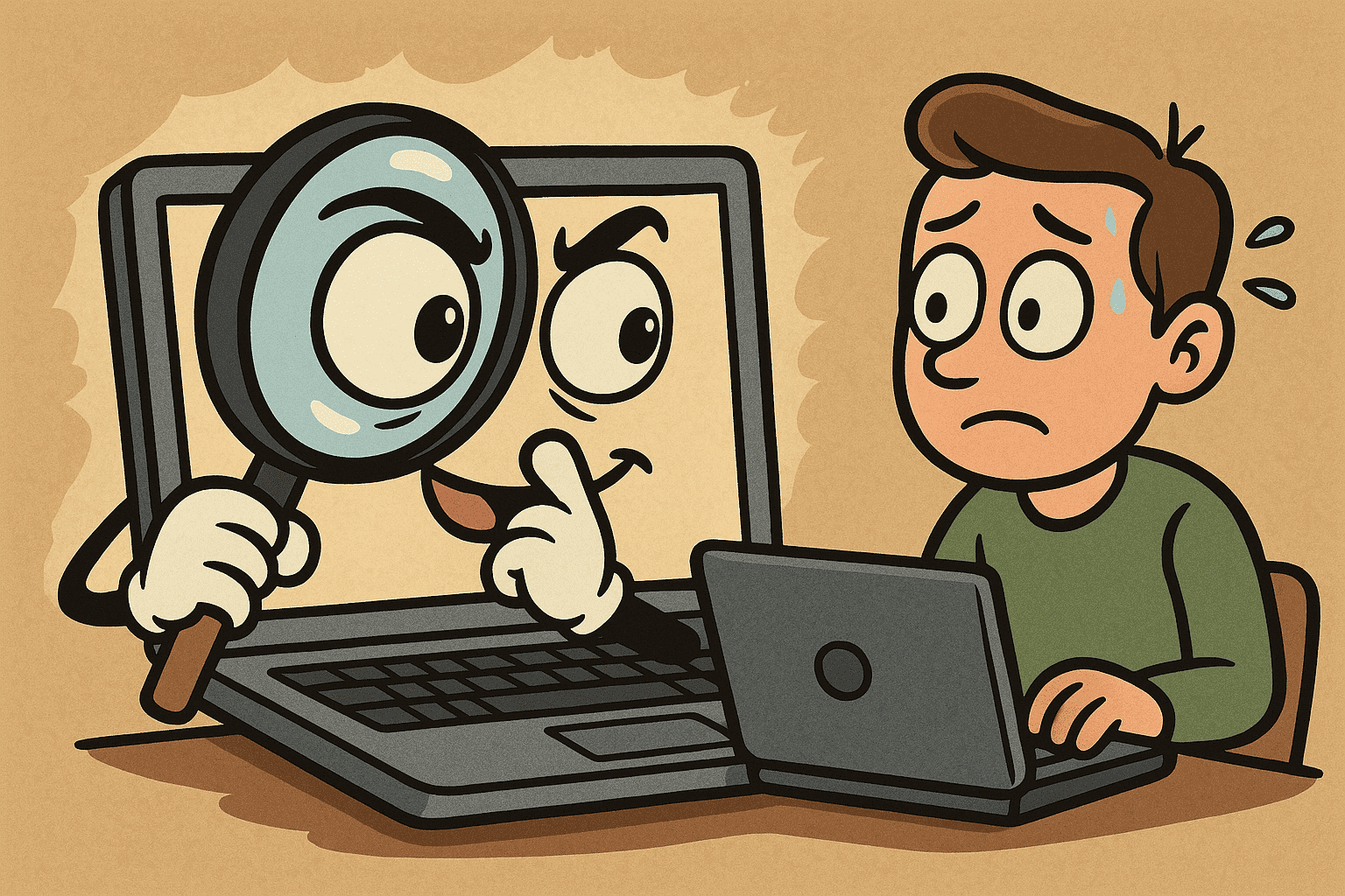 A cartoon image of a laptop with a magnifying glass looking at a concern human using the machine