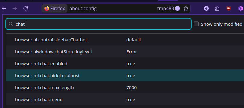Firefox about:config showing browser.ml.chat.hideLocalhost set to false