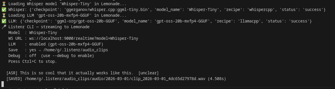 Listenr CLI streaming real-time ASR transcriptions using Whisper-Tiny ASR model alongside gpt-oss-20b-mxfp4-GGUF.